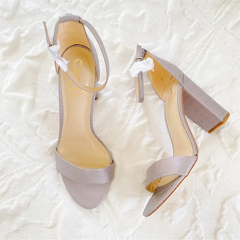 Sam Edelman Silver Textured Ankle-Strap Block Heel Sandals